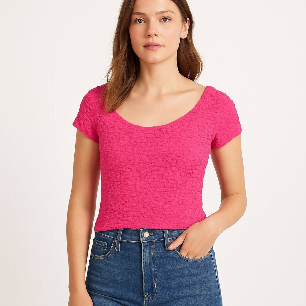 Anthro Maeve Socialite Popcorn Tee XS NWT Pink Textured Scoop Neck Top